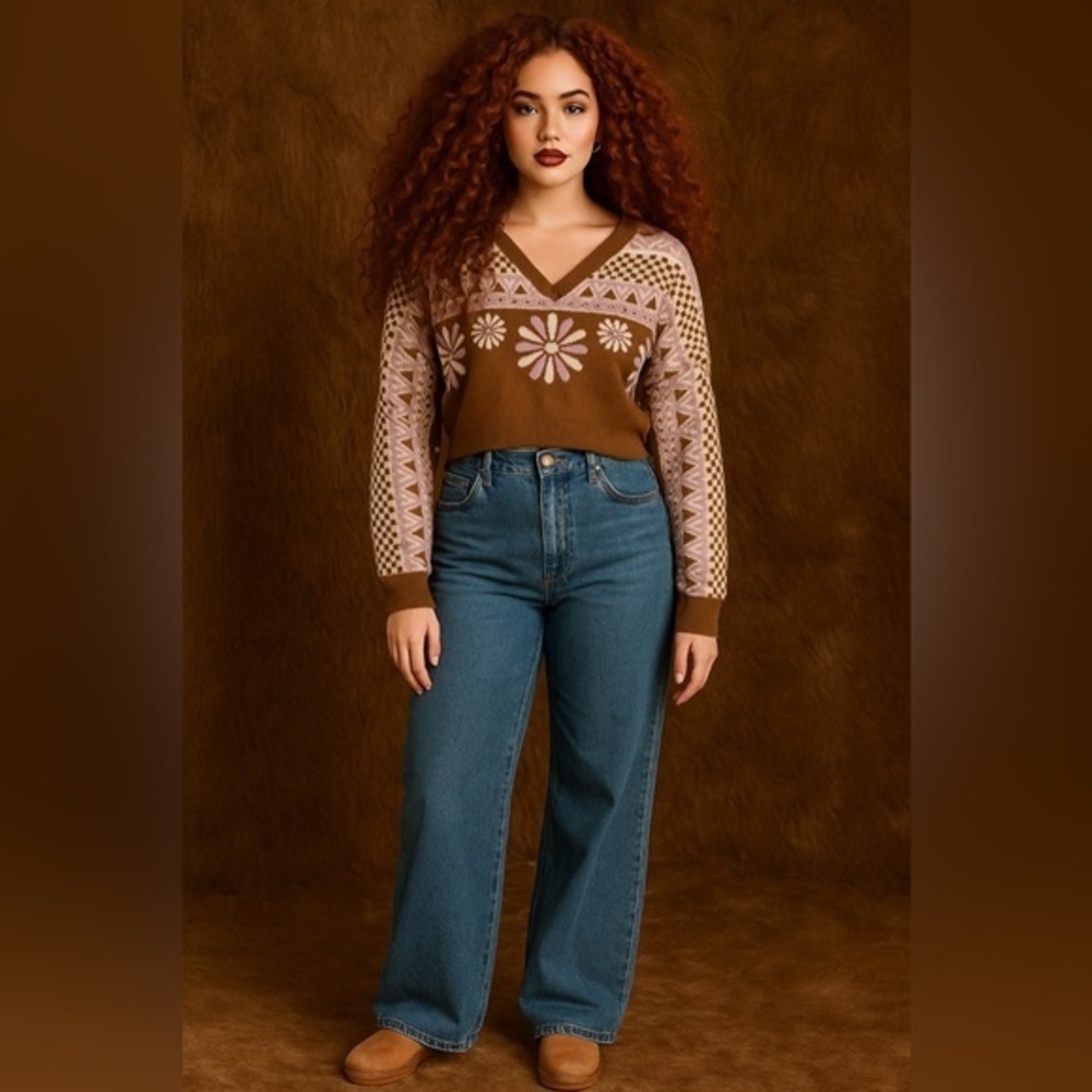 Altar’d State Boho Doll Hippie Brown Purple Cream Floral Cropped Sweater Hippie